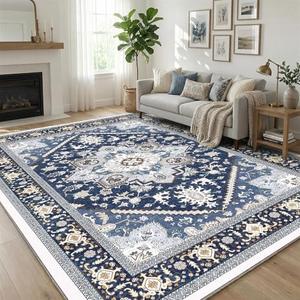 OPPODREAM Soft 8x10 Area Rugs for Living Room, Washable 8x10 Rugs for Bedroom with Non Slip Backing, Faux Cashmere Low-Pile 8 x 10 Carpet, Navy Blue & Gold