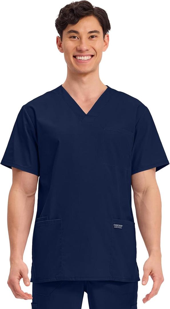Cherokee Men's V-Neck Top Traditional fit with 4 Pockets, Ultra Soft, Durable, Fade Resistant, 2-Way Stretch Fabric - WW695 (Blue, S)