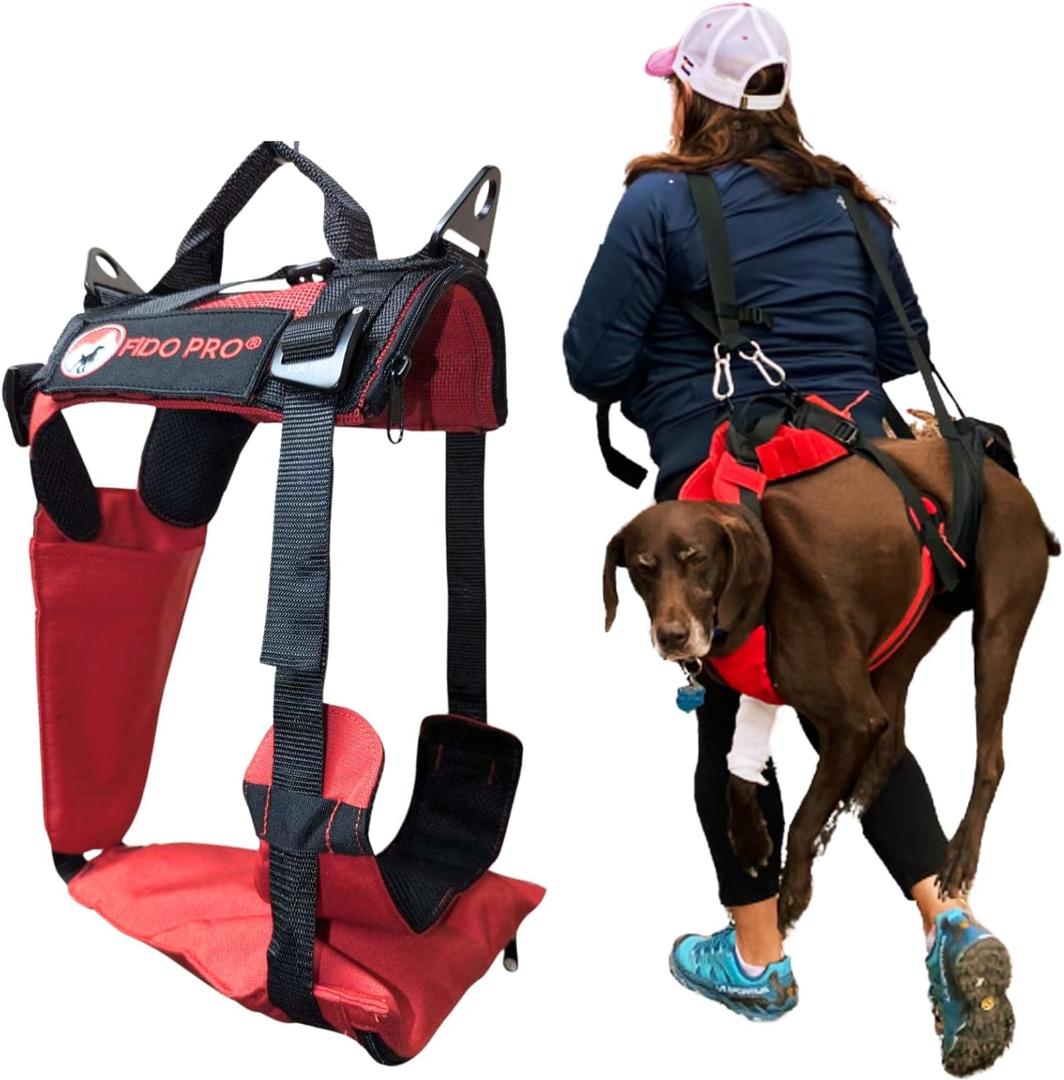 Fido Pro Panza Harness V2 with Deployable Emergency Dog Rescue Sling - Medium to X-Large Harness with Pockets, Climbing Buckles, and Lifting Handle - Dog Hiking Gear - Fits 30-150 lbs (Red)