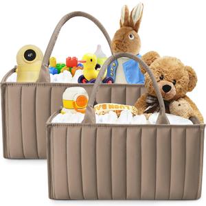 SWEET DOLPHIN 2-Pack Quilted Diaper Caddy Organizer Premium Puffer Style Nursery Storage Bins Water-Resistant & Wipeable Changing Table Organizer Trendy Tote for Home & Car Travel - Mocha Brown