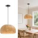 Rustic Bamboo Pendant Light, 15.74 inch One-Light Boho Basket Handmade Woven Pendant Lighting for Bedroom, Kitchen, Living Room Boho Decor
