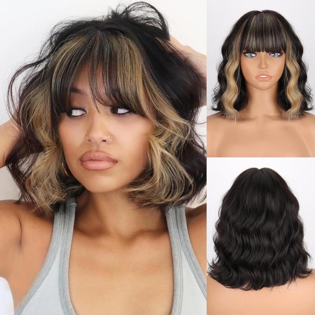 MISSQUEEN Black Blonde Wig with Bangs Short Highlights Curly Wig Heat Resistant Synthetic Fibre Wigs for Women Girls Daily Party Holiday Festival Chrismas Used