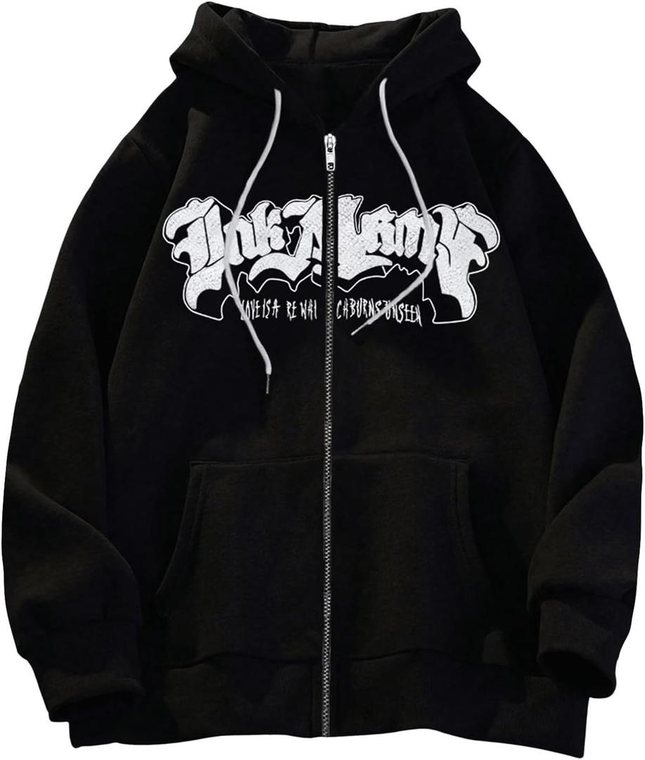 GORGLITTER Women's Y2k Zip Up Hoodie Y2k Anime Letter Graphic Long Sleeve Streetwear Hooded Sweatshirt, Small