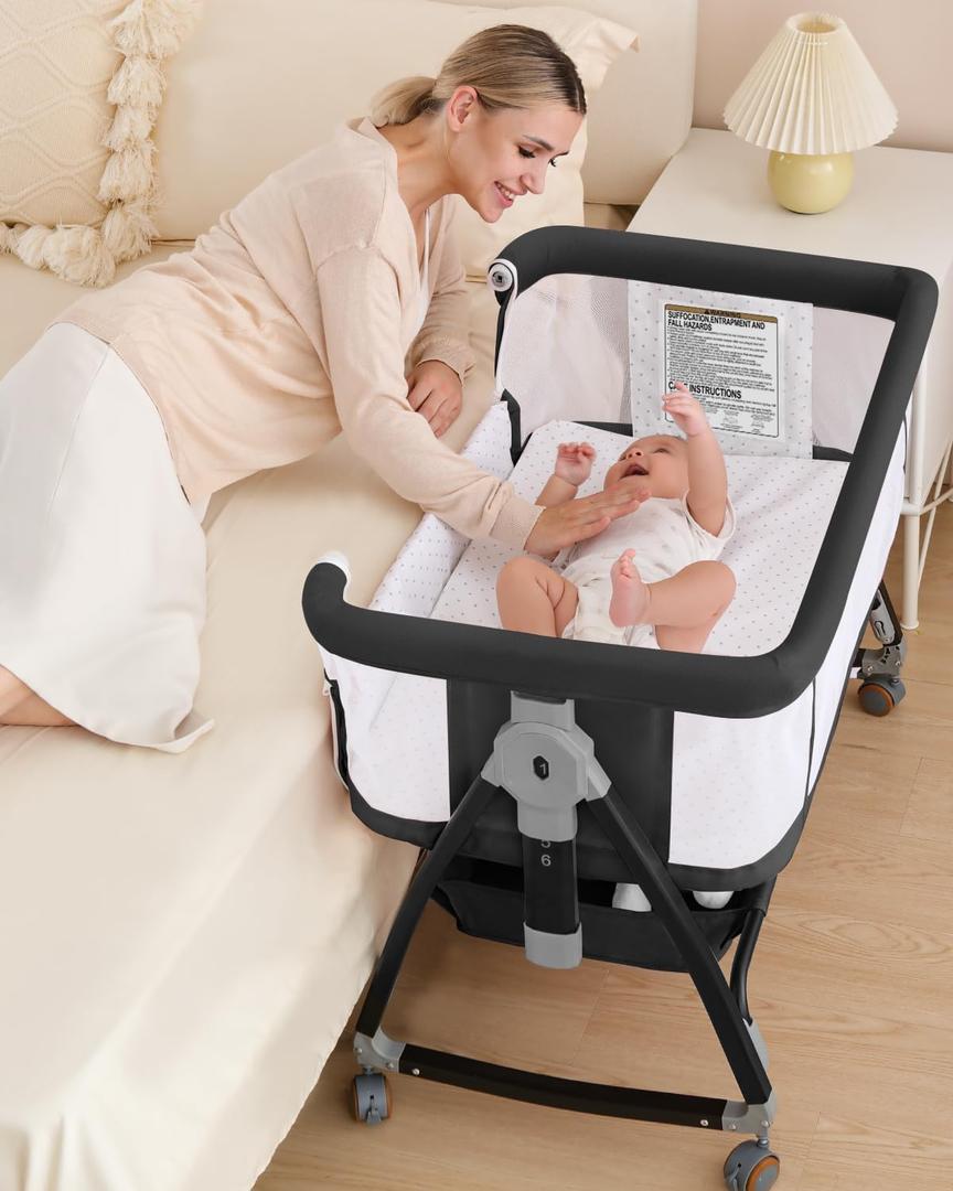 3 in 1 Baby Bassine Crib with Breathable Mesh, Bassinet Bedside Sleeper with Wheels, Mosquito Net, Storage Basket, 6 Height Adjustable, Easy to Fold, Rocking Bassinet for Baby, Black