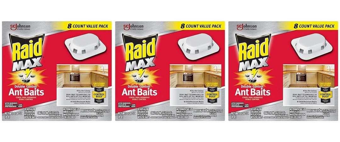 Raid Max Double Control Ant Baits, Household Use Defense System to Control Bugs, Dual Bait Technology, 8 CT Double Control Ant Baits/Box (Pack of 3 Boxes)