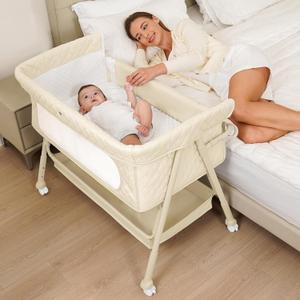 Baby Bedside Sleeper Bassinet, 4‑Height Adjustable Baby Crib with Breathable Mesh, Comfort Mattress & Lockable Wheels, Easy Move Newborn Bassinet, Standard