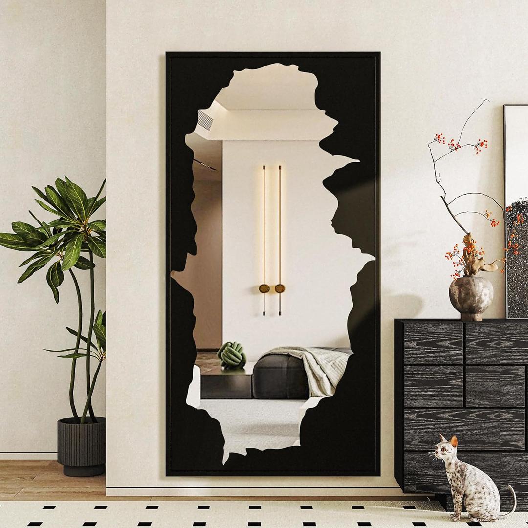 Full-Length Mirror Free Standing Leaning Mirror with Artistic Black Abstract Overlay Deco, 55"x28" Shatterproof Wall-Mounted Mirror, Perfect for Living Room, Bedroom, Cloakroom, and Bathroom Decor