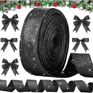 Unittype 50 Yard Black Glitter Ribbon 1.5 Inch Wired Ribbon for Gifts Wrapping, Bow Making, Wreath, DIY Crafts, Wedding, Home Decoration
