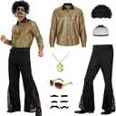 6 Pcs 70s Disco Outfit Costume for Men Dance Bell Bottom Pants Retro Shirts Moustache Sunglasses Wigs Necklace