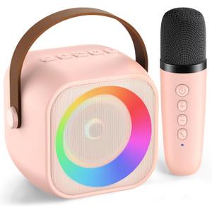 Mini Karaoke Machine for Kids Adults, Portable Bluetooth Speaker with Wireless Microphone, for Girls 4,5,6,7,8,9,10,12 Year Old Karaoke Toys Birthday Gifts Home Party (Pink color 1 Mic)