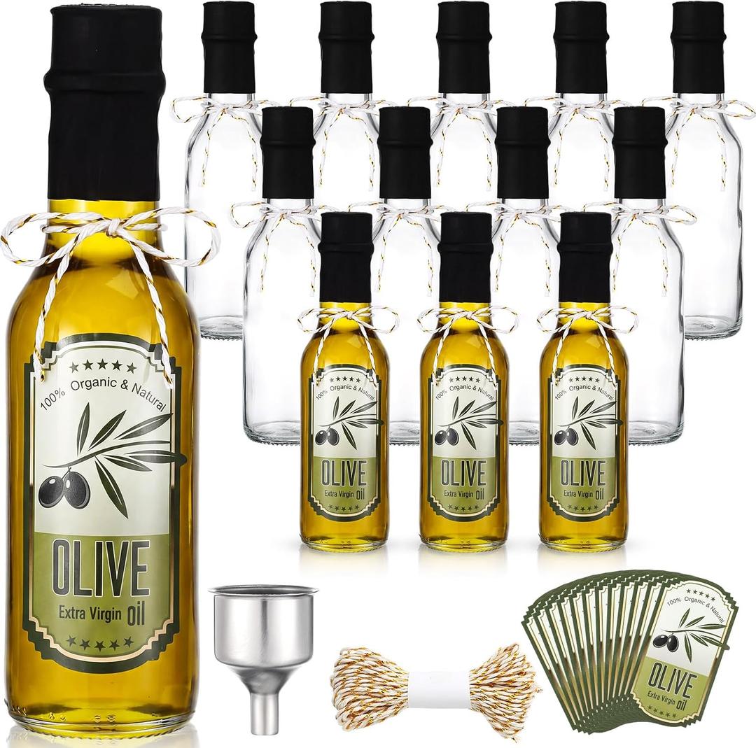 Reallnaive 12 Sets 5 oz Glass Olive Oil Bottles Empty Sauce Condiment Bottles with Tags and Twine and Funnel for Storing Homemade Olive Oil Christmas Wedding Baby Shower Gifts(Clear)