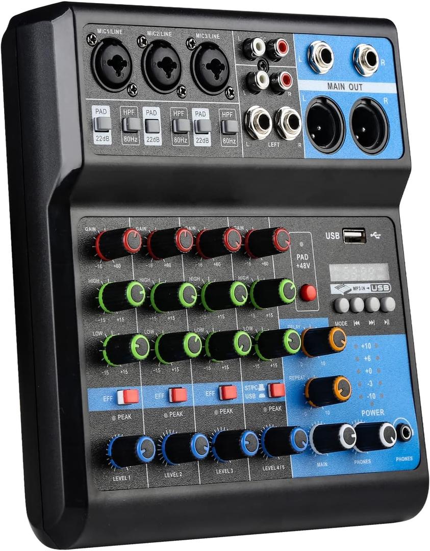 Dj Mixers 5 Channel Audio Mixer Sound Board with Bluetooth, Usb Audio Interface with 48V Phantom Power Sounds Mixer Board with FX Reverb Delay Effect for Streaming