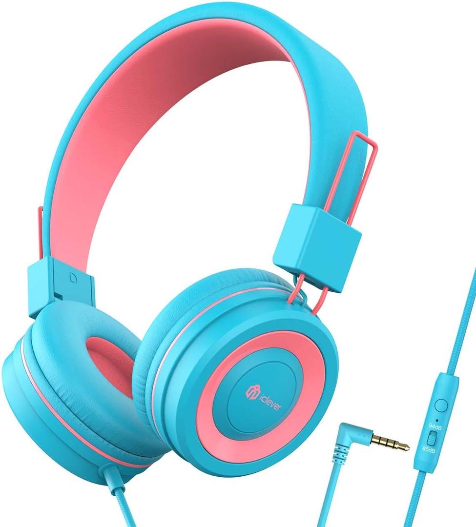 iClever Kids Headphones with Cord, 85/94dB Safe Volume Tech, Bending Resistance Durable, Foldable, Stereo Sound 3.5mm Jack Wired Headphones for Kids Boys Girls Tablet/Travel/School, HS14 Blue Pink