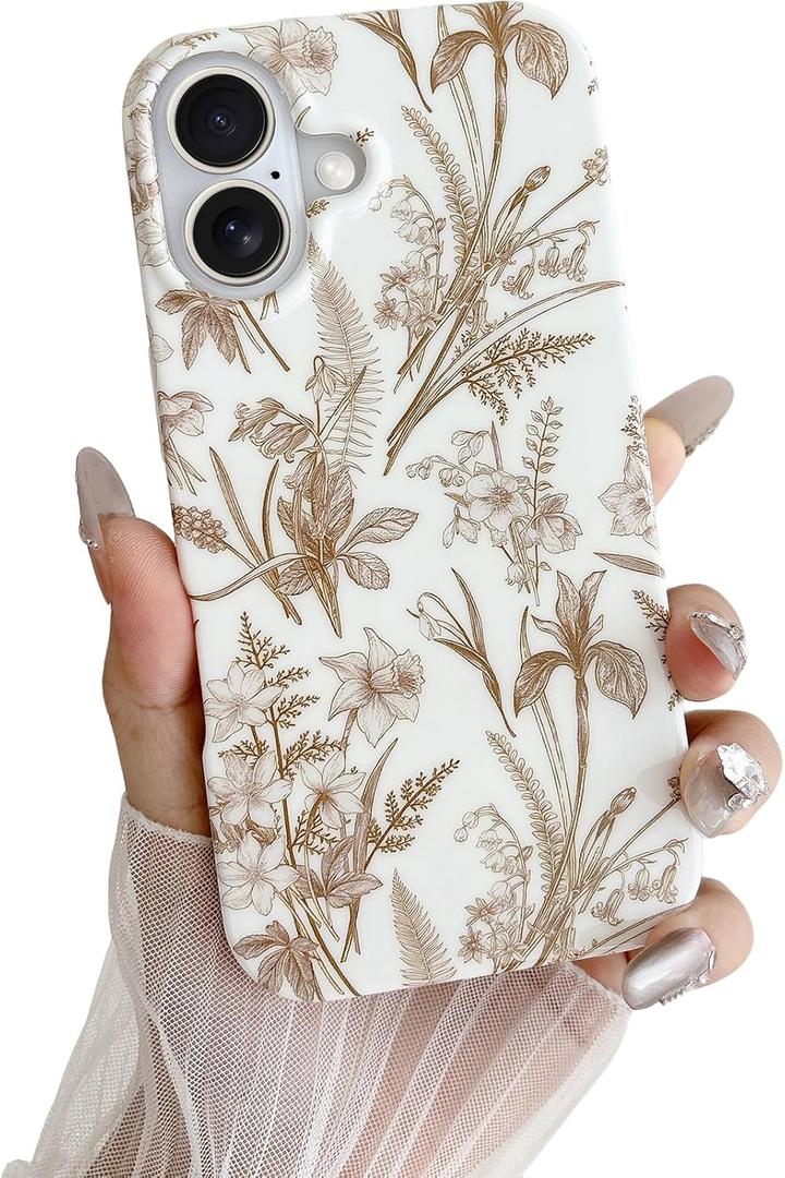 Yeddabox for iPhone 16 Case Cute Flowers Floral Branches Leaves Phone Case Soft TPU Slim Shockproof Phone Cover for Women Girls, Brown
