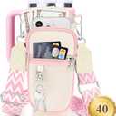 Water Bottle Carrier Bag with Strap for Stanley 40/30 oz Tumbler with Handle, Water Bottle Holder Pouch with Phone Pocket for Stanley Cup Accessories, fit Walking Hiking Travel (Cream&Pink)