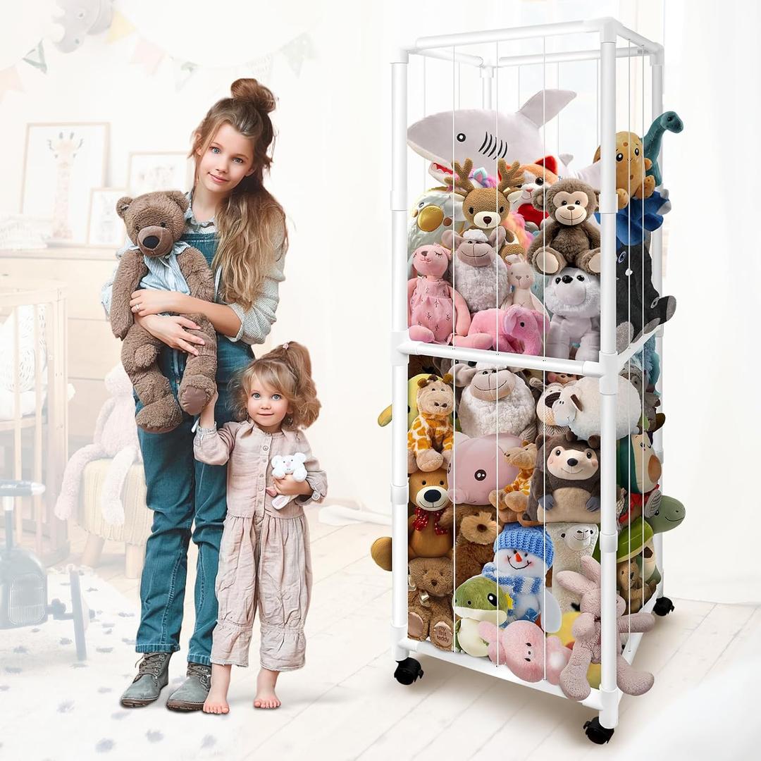 Stuffed Animal Storage Zoo with Wheels, Large Stuff Animals Plushies Holder Toy Organizer Kids Plush Storage Cage PVC with Elastic Band and Net for Nursery Playroom Corner for Toddler Boys Girls (67inch, White)