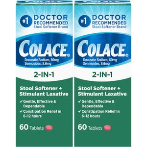 Colace 2-in-1 Stool Softener Plus Stimulant Laxative Tablets, 60 Count (Pack of 2), Gentle Constipation Relief, Docusate Sodium Plus Sennosides