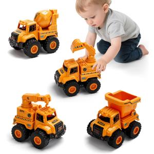 Lovinkiki Construction Truck Toys for Toddlers 1-3, Push and Go Toy Vehicles Set with Mixer, Dump Truck, Excavator, Bulldozer, Friction Powered Cars for Boys and Girls, Gift for 2 3 4 5 Year Old Kids (Yellow)