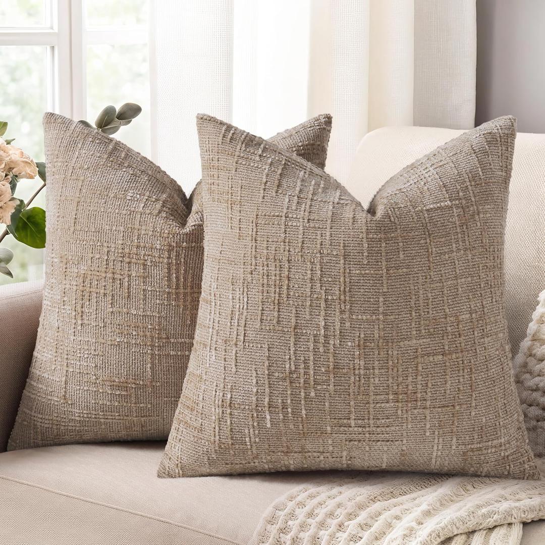 decorUhome Oatmeal Chenille Throw Pillow Covers 18x18 Set of 2 Textured Soft Cozy Slubby Couch Pillow Covers Modern Farmhouse Boho Decorative Pillow Cases for Bed Sofa Living Room