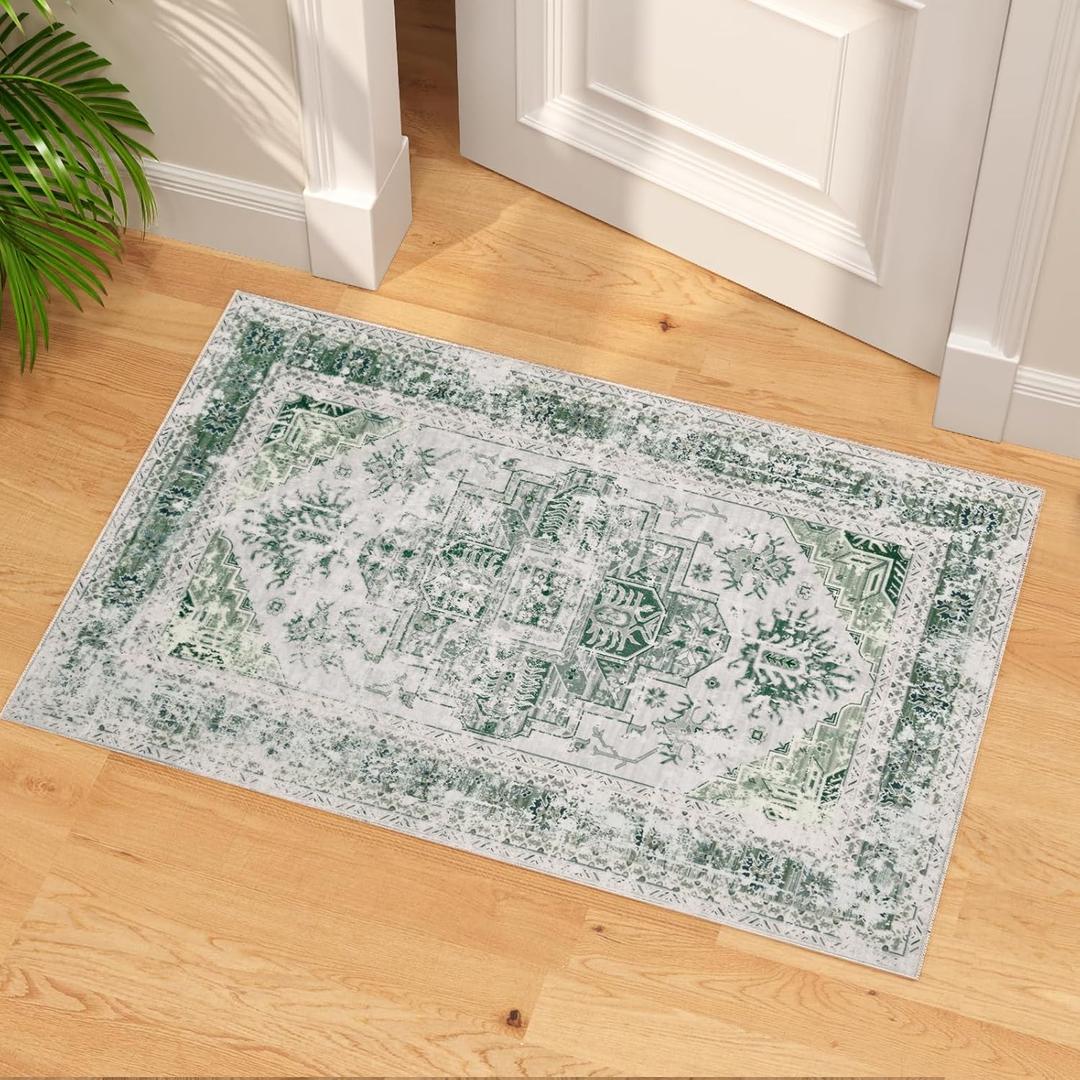 Vintage Rugs for Entryway, 2x4 Washable Low Pile Rug, Small Front Door Non-Slip Area Rug for Kitchen, Throw Rugs with Rubber Backing, Soft Boho Indoor Entrance Bedroom Entry Carpet mat (Cream/Green)