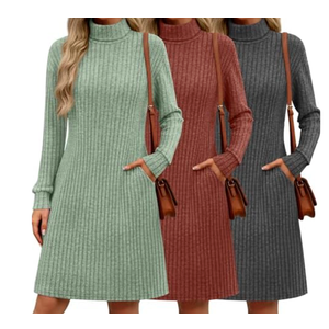 Velvelhall 3 Pack Women's Long Sleeve Sweater Dresses Ribbed Knit Lettuce Trim Mock Turtleneck Short Casual Slim Fit Dresses(Caramel, Green, Gray,Medium)
