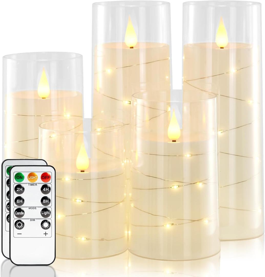Homemory Pure White Flameless Candles with Embedded Star String Fairy Lights, Battery Operated Candle, LED Candles, Fake Candles with Remote Control and Timer, Set of 5(H4"5"6"8"8")