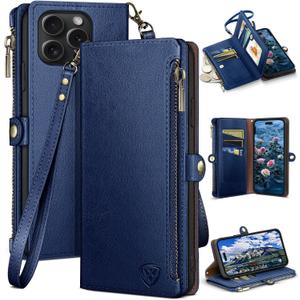 XcaseBar Compatible with iPhone 15 Pro 6.1" Wallet case with Zipper Credit Card HolderRFID Blocking,Flip Folio Book PU Leather Phone case Shockproof Cover Men Women for Apple 15Pro case Blue