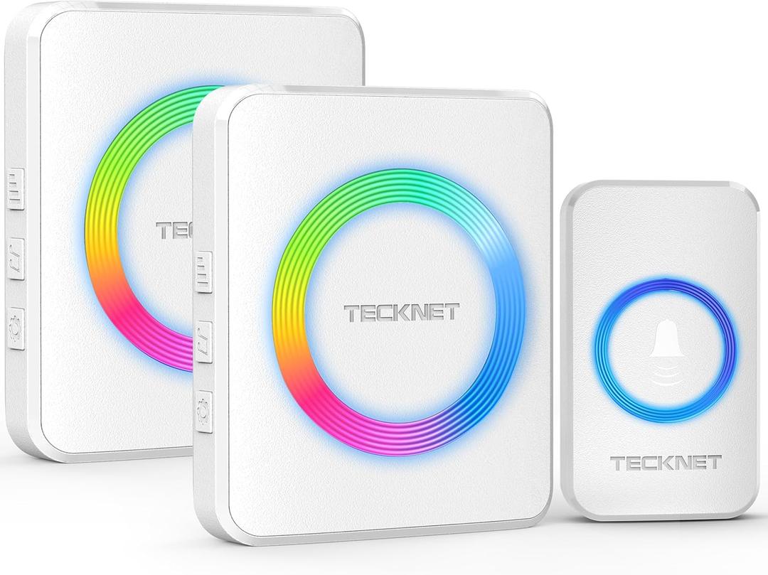 TECKNET Wireless Doorbells for Home, IP65 Waterproof Door Bell 1300ft Range, 0-120dB Classroom Doorbell Kits with 60 Chimes & 5 Volume Levels, RGB Flashing for Hearing Impaired with 2 Receivers,White