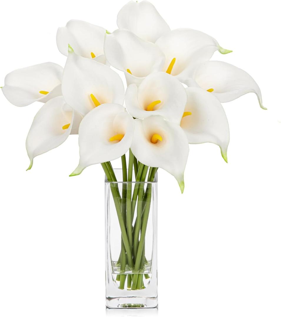 DILATATA Fake Flowers in Vase 12 Artificial Calla Lily Pure-White Flowers Arrangement with Vase and Faux Water for Home Decor Dining Table