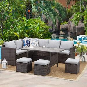 Wisteria Lane 7 Piece Patio Furniture Set, Wicker Patio Sectional with Wide Armrest, All Weather Outdoor Dining Set, Outdoor Furniture Patio Conversation Set with Ottoman