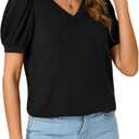 KIFOVEN Women's Summer Cotton Dressy Tops V Neck Puff Short Sleeve Work Blouse Shirt (Black, XL)