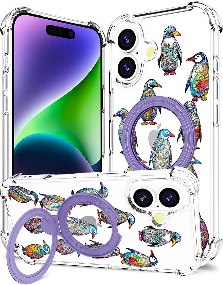 for iPhone 17 Case Magnetic Clear Design,Compatible with MagSafe,Kickstand Vertical/Horizontal,Shockproof Airbag Bumpers Phone Cover - Blue Penguins Lovely