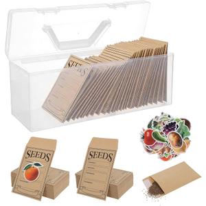 Plastic Clear Seed Storage Organizer Box with Handle, Garden Seed Organize Sealed Box 100 Envelopes and Stickers Saving Container Keeper Set for Garden Vegetable Flower Plants