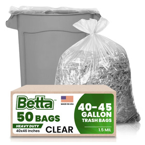 Betta 40-45 Gallon Clear Trash Bags, 50 Count Box, (40x46-inch) Commercial Heavy-Duty Garbage and Recycling Can Liners for 32-44 Gallon Round Cans, 25-35 Gallon Slim and Square Cans