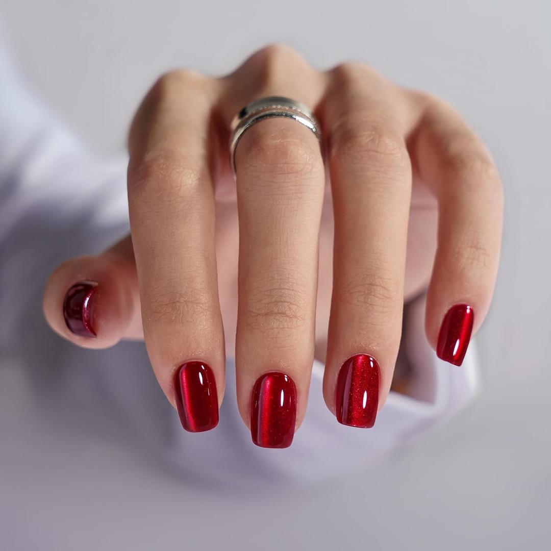 BTArtbox Press On Nails Red  Cat Eye Press On Nails Square for Gifts,Cherry Short Stick On Nails with Glue, Glossy Reusable Nail Tips in 16 Sizes  32 Soft Gel Fake Nails Kit, Hot Love