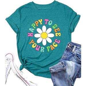 Happy to See Your Face Shirt: Women Funny Teacher T-Shirt First Day of School Shirts Groovy Back to School Tee Top(Cyan, Small)