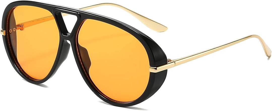 PORADAY Oversized Aviator Sunglasses for Women Men Retro Large Frame Shield Sun Glasses Trendy Vintage Shades(Black/Orange)