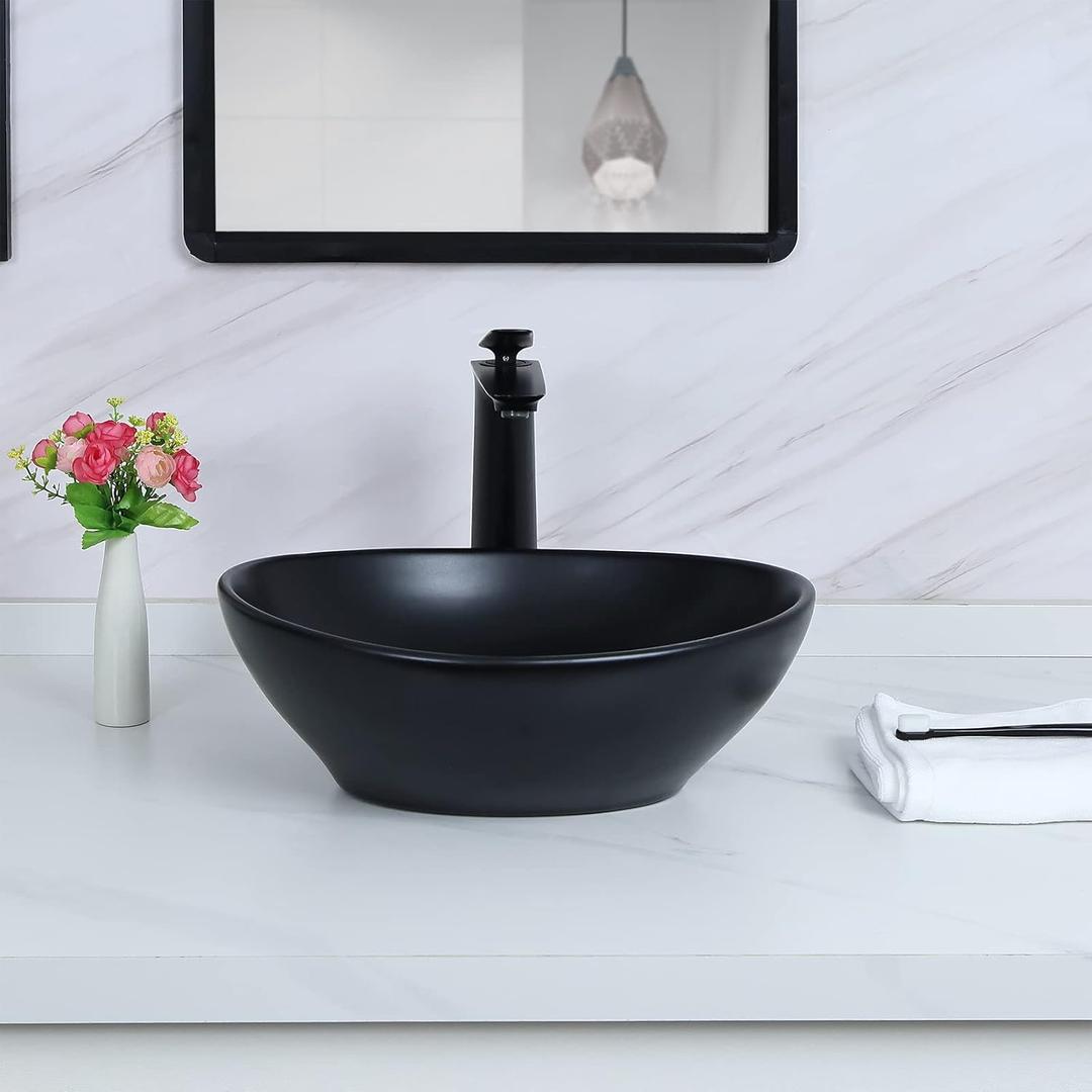 Davivy 15.7" x 13" Matte Black Oval Vessel Sink with Pop Up Drain,Bathroom Sinks Above Counter,Bathroom Vessel Sinks,Ceramic Vessel Sinks,Matte Black Vessel Sink for Bathrooms