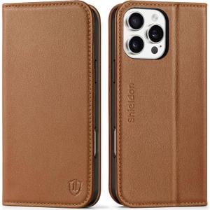 SHIELDON Wallet Case for iPhone 16 Pro Max 6.9", Genuine Leather Folio Magnetic Kickstand RFID Blocking Credit Card Holder Protection Cover Compatible with iPhone 16 Pro Max - Nappa Saddle Brown