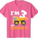 Kids Three 3yr 3rd Birthday Construction Boy 3 Years Old T-Shirt (Red, 3T)