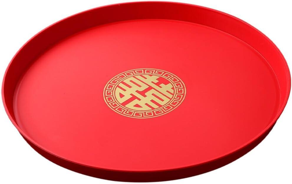 Luxshiny Chinese Wedding Serving Tray Platter Fruit Plate Round Tea Tray Plastic Candy Dishes Food Snack Storage Plate for Home Decor Wedding Centrepieces Red
