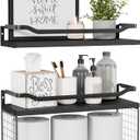 WOPITUES Floating Shelves with Wire Storage Basket, Bathroom Shelves Over Toilet with Protective Metal Guardrail, Wood Wall Shelves for Bathroom, Bedroom, Living Room, Toilet PaperBlack