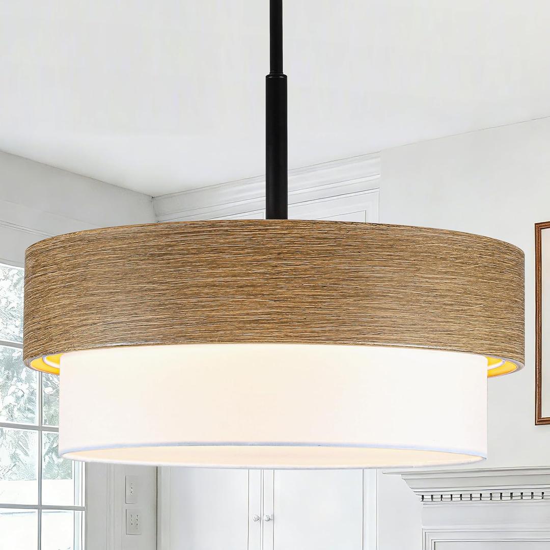 19.6" Rustic Drum Chandelier, 4-Light Wood Texture Pendant Lighting with White Fabric Shade, Farmhouse Chandeliers for Dining Room, Kitchen Island, Bedroom, Living Room, Office