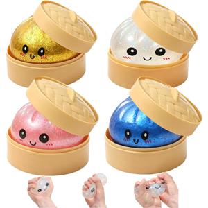 4PCS Dumpling Squishies, Giant Glitter Dumpling BoxStocking Stuffers with Food Steamer Stretchy Desk Toy