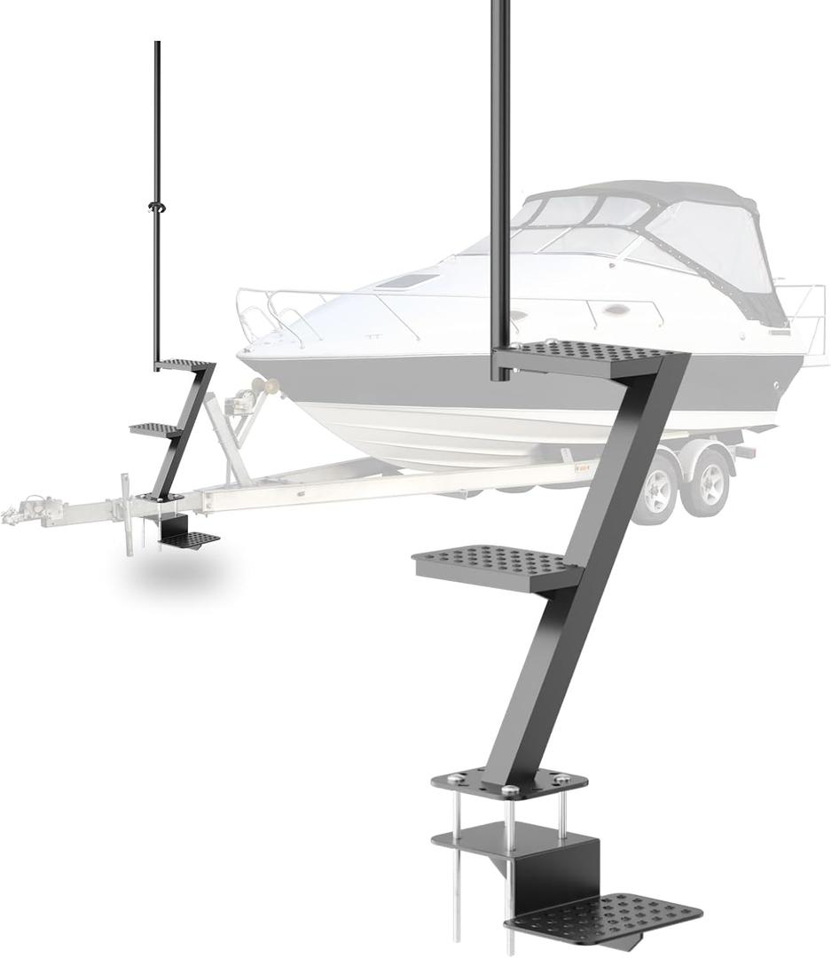 3 Step Boat Trailer Steps for Tongue Heavy Duty, Boat Trailer Ladder with Non-Slip Surface and Safety Handle 500 lbs Capacity