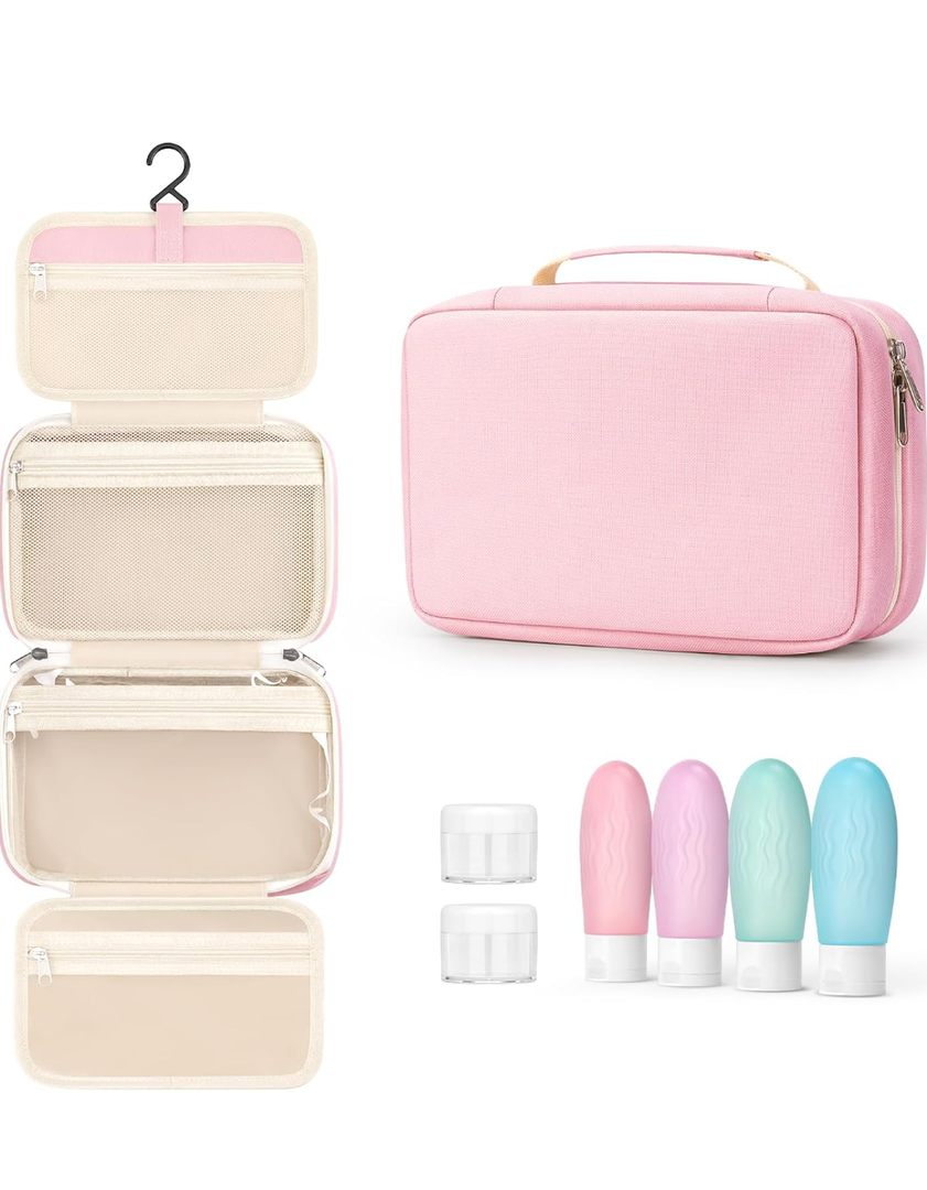 Toiletry Bag for Women With Travel Size Containers Set, Hanging Toiletry Bag for Full Size Toiletries, Skincare, Shampoo, Makeup Cosmetic Bag Travel Organizer, Water-Resistant Toiletry Bag
