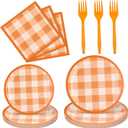 Honeydak 96 Pcs Fall Orange Plaid Party Supplies Thanksgiving Paper Plates and Napkins Fork Autumn Disposable Dinnerware Set Fall Tableware for 24 Guest Thanksgiving Party Decorations (Orange)