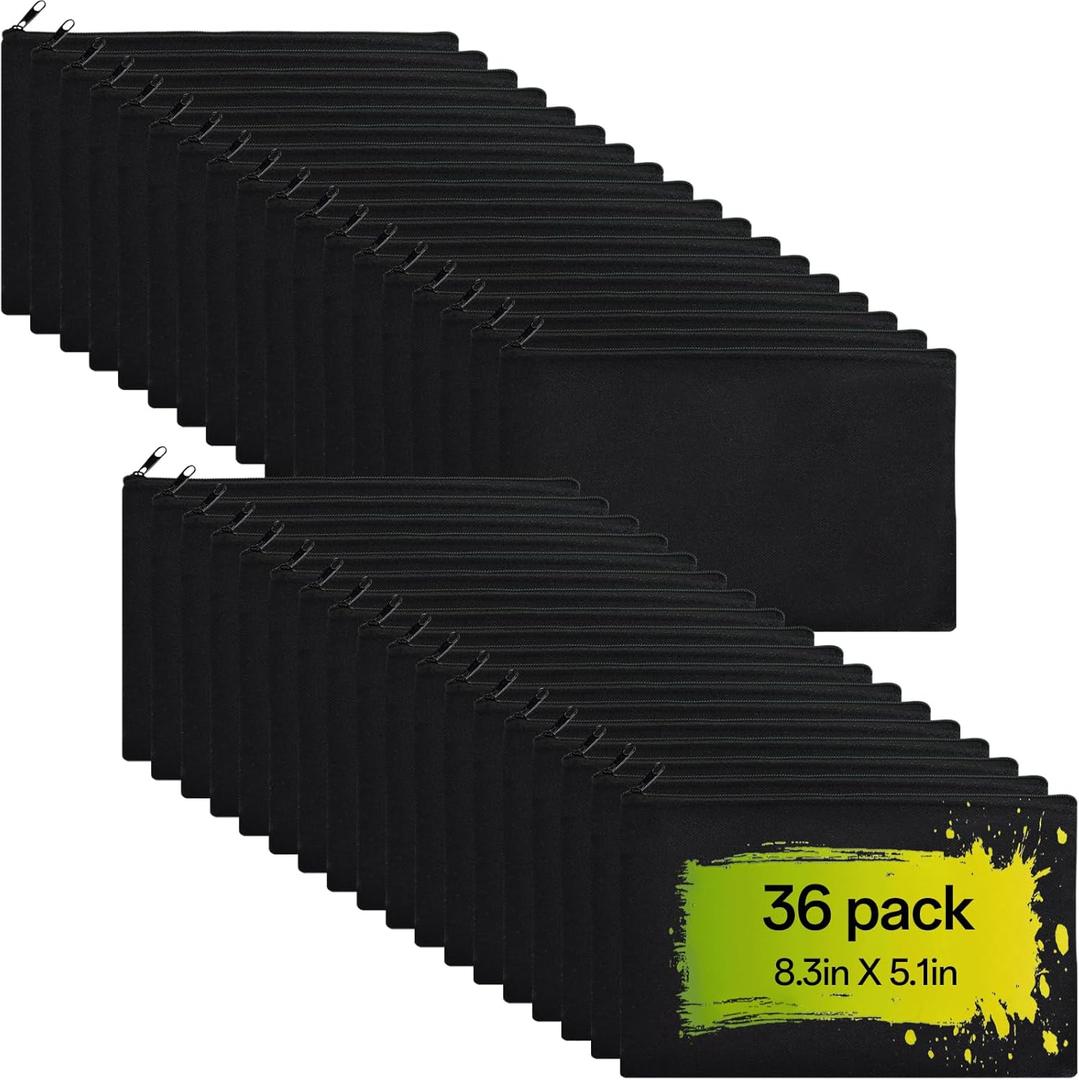 ZeeDix 36 Packs Black Canvas Pouch- Multi-purpose Cosmetic Bag with Zipper, Blank DIY Craft Canvas Zipper Bag, Travel Toiletry Bag (8.3 x 5 inches)