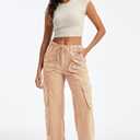 Cargo Pants for Women Low Rise Drawstring Waist 7 Pockets Hiking Work Wide Leg Pants with Zipper Button Closure Khaki