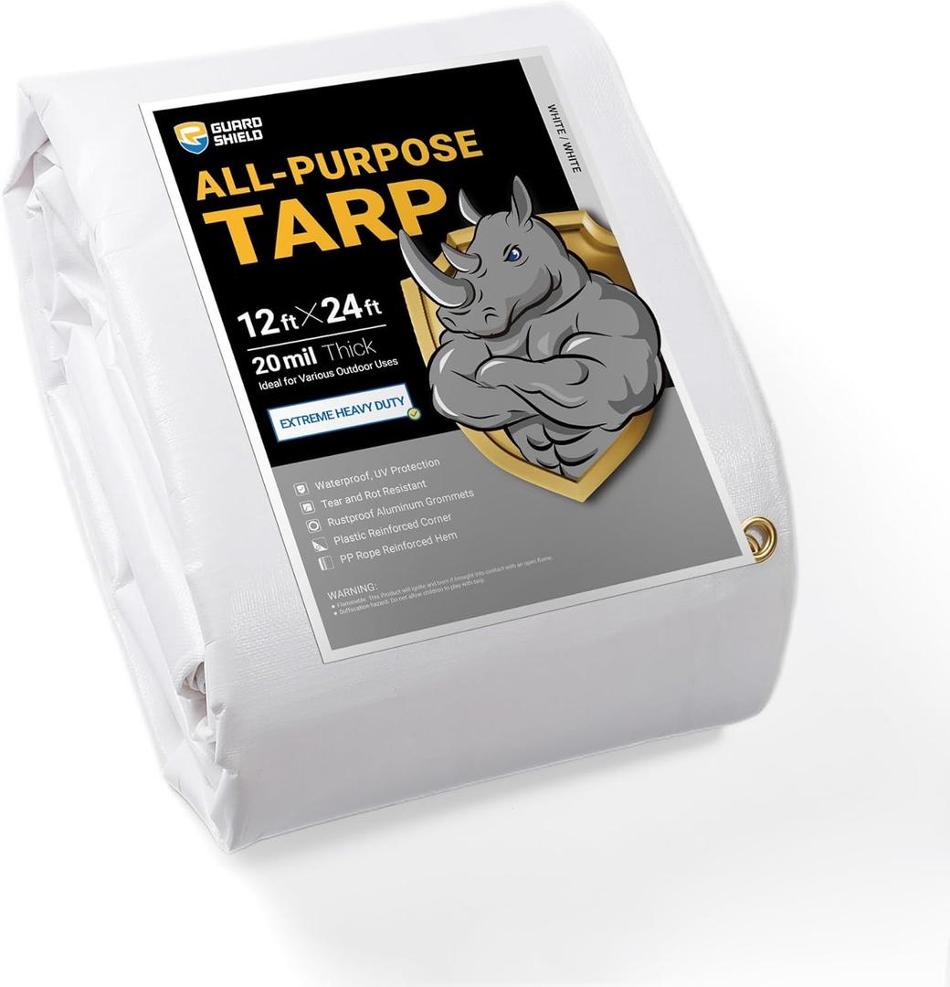 GUARD SHIELD Extreme Heavy Duty White Poly Tarp 12x24 Feet Cover Waterproof Tarps 20mil Thick UV and Tear Resistant Tarpaulin